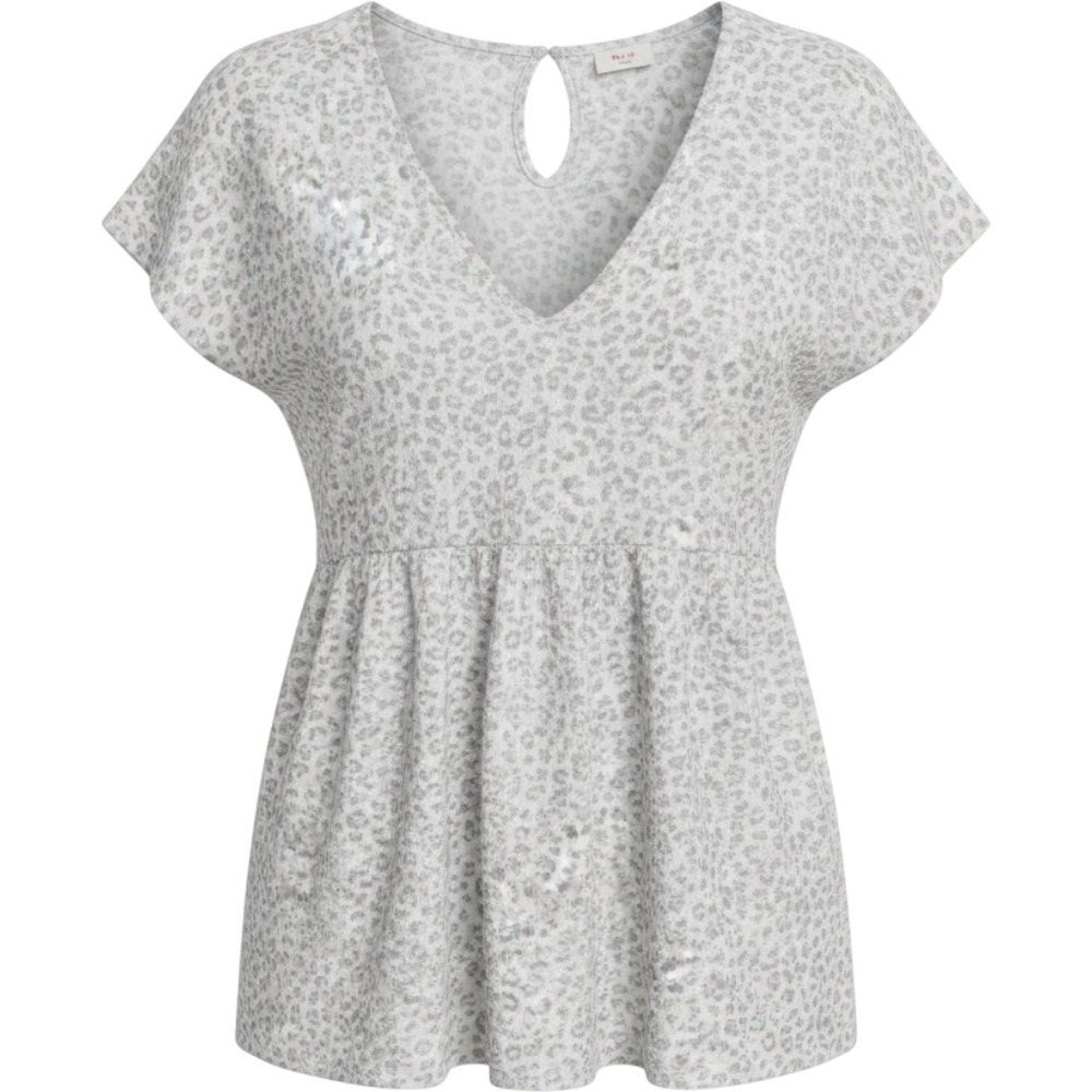 GeeGee Womens Leopard Print Babydoll Top V-Neck Ruffle Sleeve Blouse Gray White